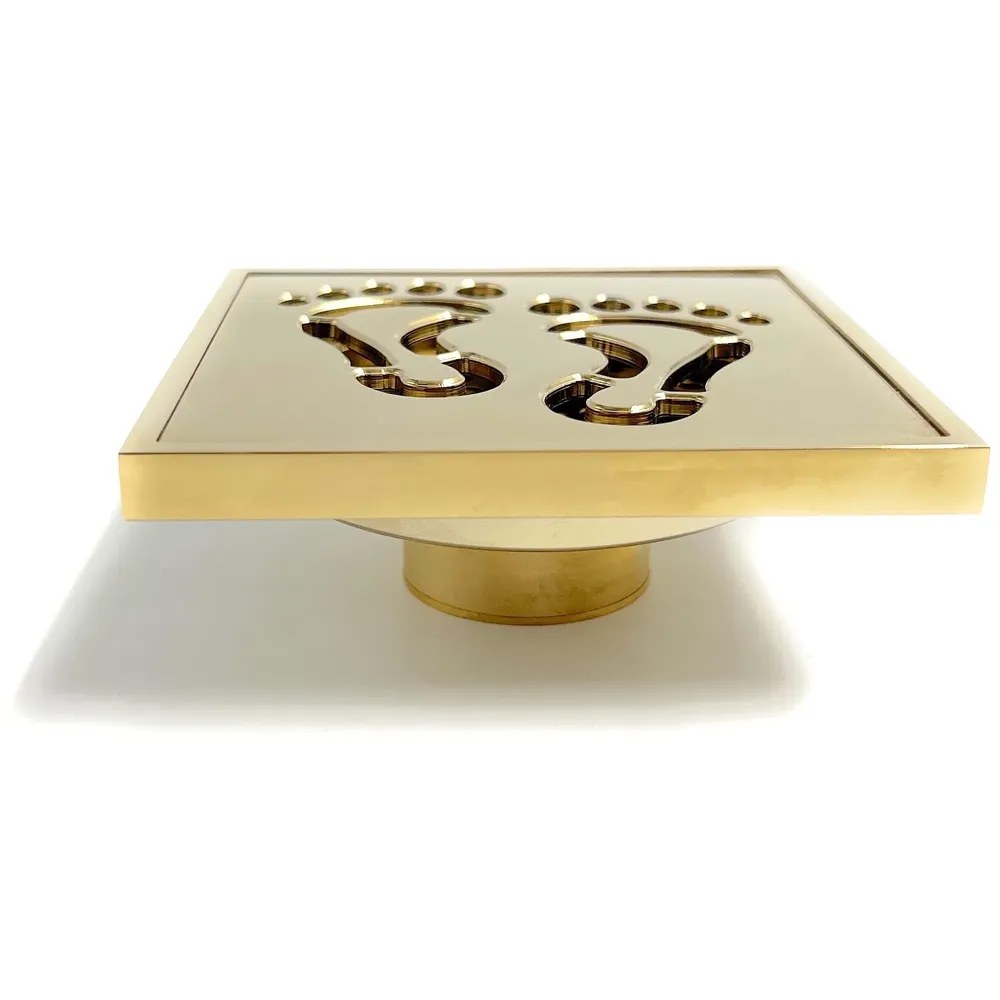 Golden Drain 4" x 4" Foot Design Gold Floor Drain Shower Channel Water Drainer for Bathroom with Anti-Foul Cockroach Trap