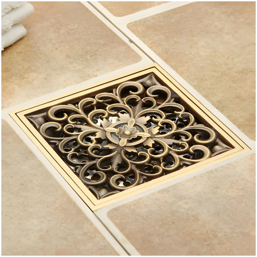 Antique Brown Designer Drain 4" x 4" Foot Design Antique Floor Drain Shower Channel Water Drainer for Bathroom with Anti-Foul Cockroach Trap