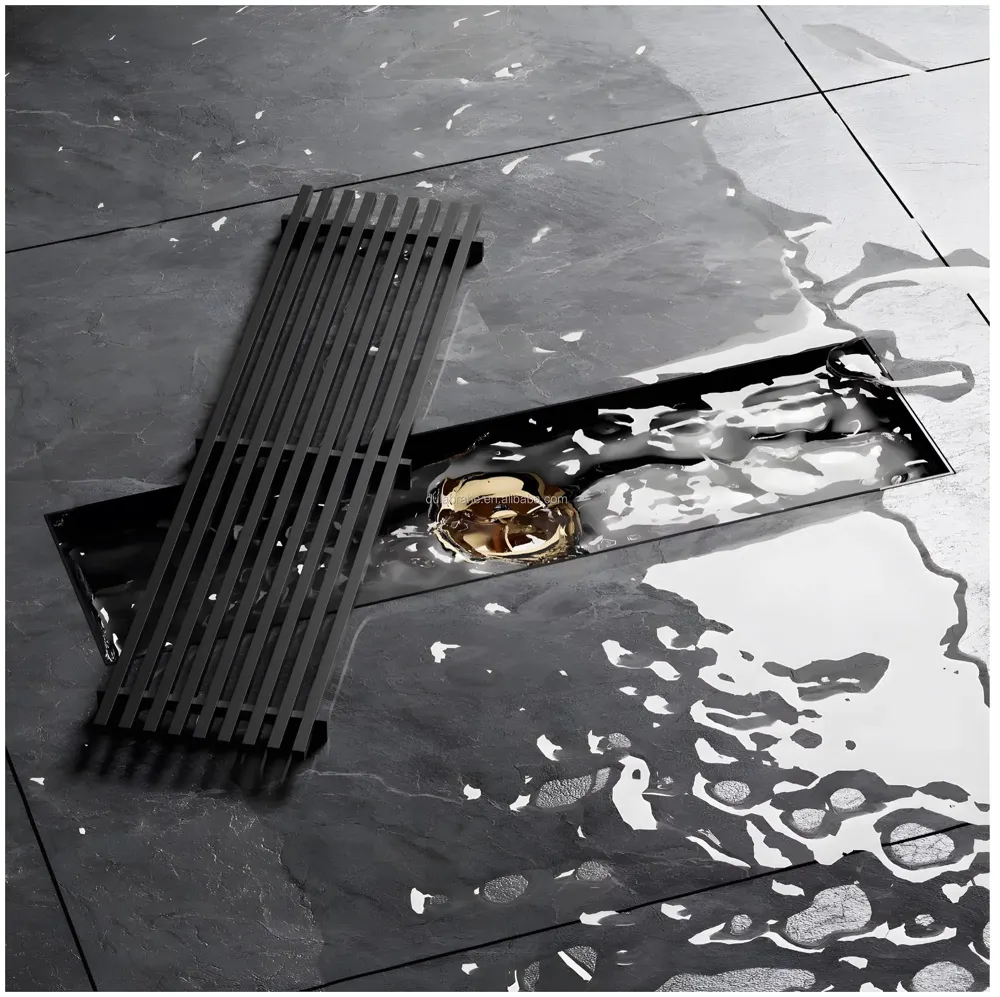 Black Floor Drain Jali 12 x 4 Inches Tile Insert Floor Drain, SS, Shower Drain Channel Tile Drain with Cockroach Trap Concealed Matt Black 30 cms
