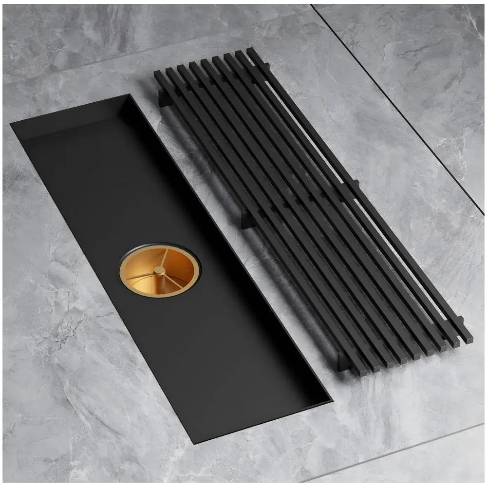 Black Floor Drain Jali 12 x 4 Inches Tile Insert Floor Drain, SS, Shower Drain Channel Tile Drain with Cockroach Trap Concealed Matt Black 30 cms