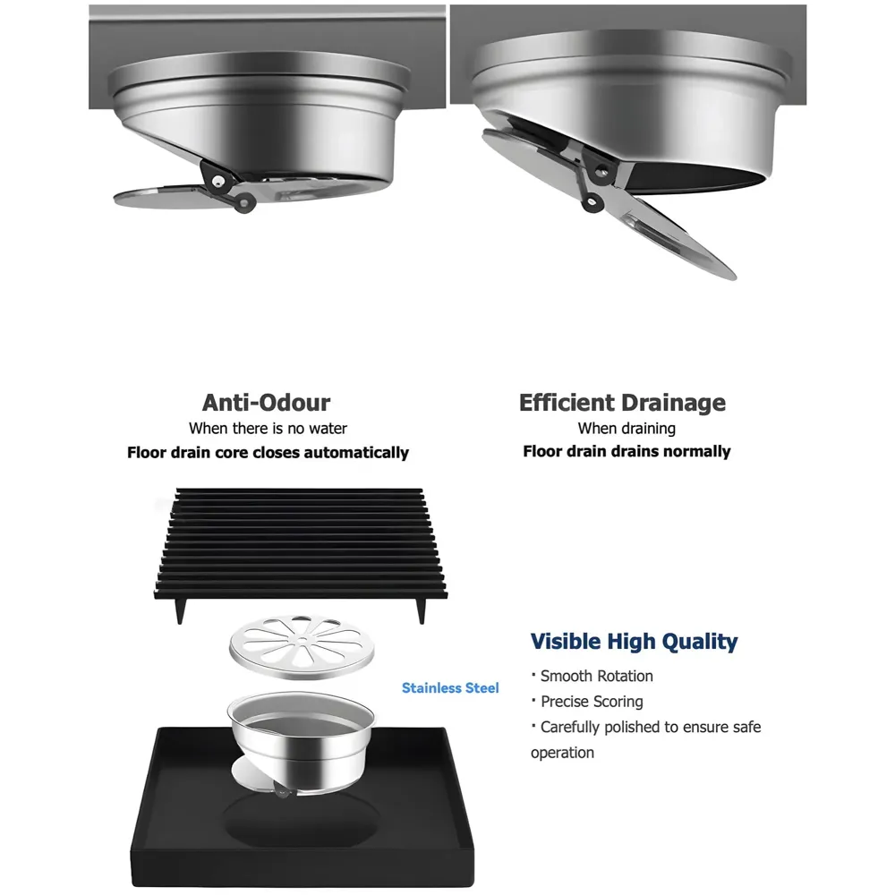 Black Floor Drain Jali 4 x 4 Inches Tile Insert Floor Drain, SS, Shower Drain Channel Tile Drain with Cockroach Trap Concealed Matt Black