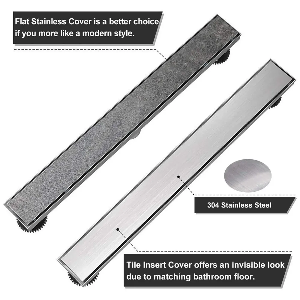Silver Drain 24 x 4 Inches Tile Insert Floor Drain, 304 Stainless Steel Shower Drain Channel Waste Water Floor Drain for Concealed Tile Drain Channel Cockroach Trap 60 Cm (Center Hole)