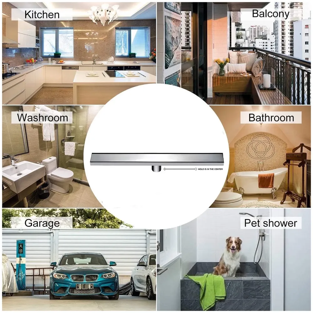 Silver Drain 24 x 4 Inches Tile Insert Floor Drain, 304 Stainless Steel Shower Drain Channel Waste Water Floor Drain for Concealed Tile Drain Channel Cockroach Trap 60 Cm (Center Hole)