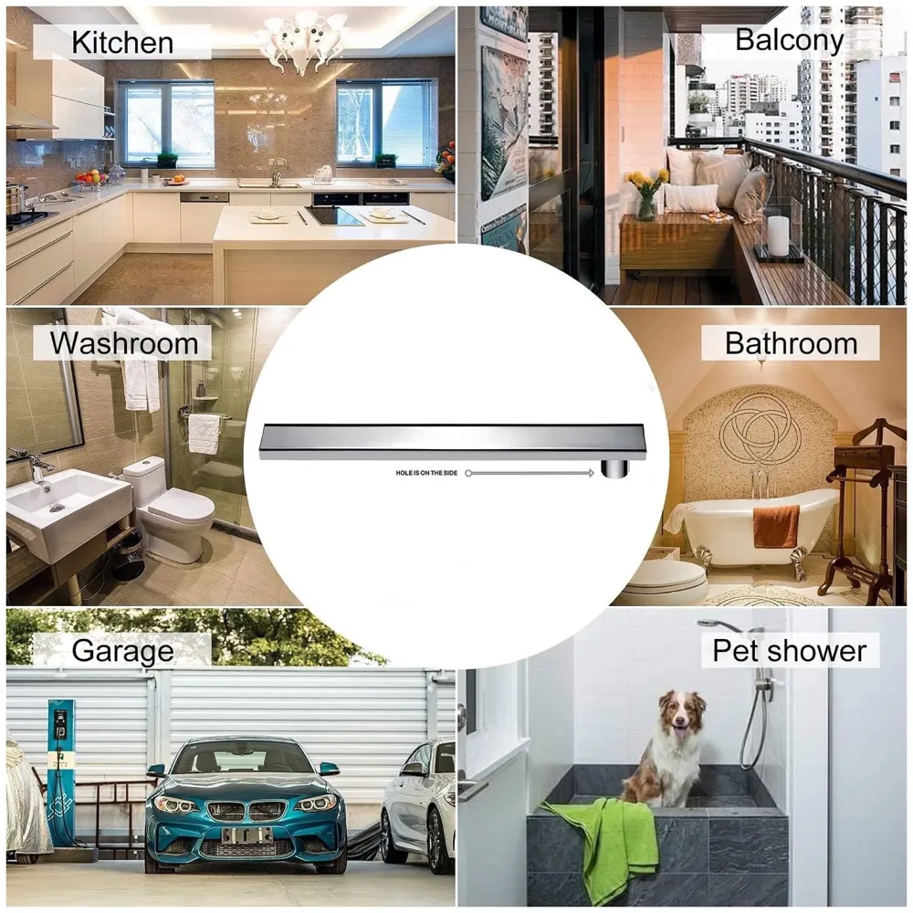 Silver Drain 24 x 4 Inches Tile Insert Floor Drain, 304 Stainless Steel Shower Drain Channel Waste Water Floor Drain for Concealed Tile Drain Channel Cockroach Trap 60 Cm (Side Hole) - 5