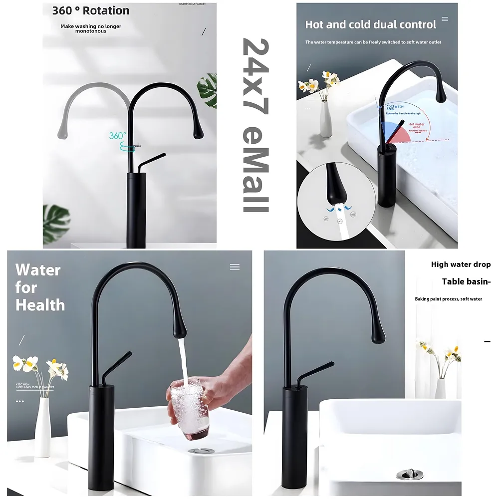 Black Drop Mixer Hot and Cold Basin Tap Faucet Sink Mixer Black Colour Tall Body for Basin Tap Faucet Bathroom Kitchen - 43 Cm Height Premium