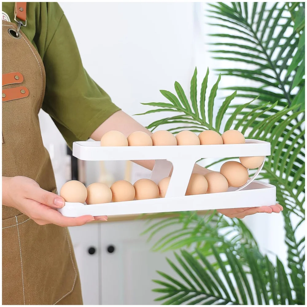 Pack of 2 Rolling Egg Dispenser Organizer for Refrigerator White