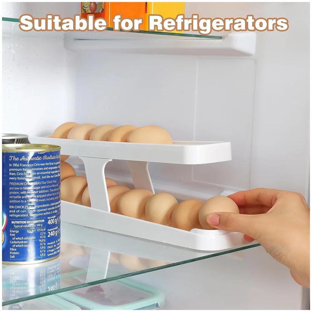 Pack of 2 Rolling Egg Dispenser Organizer for Refrigerator White