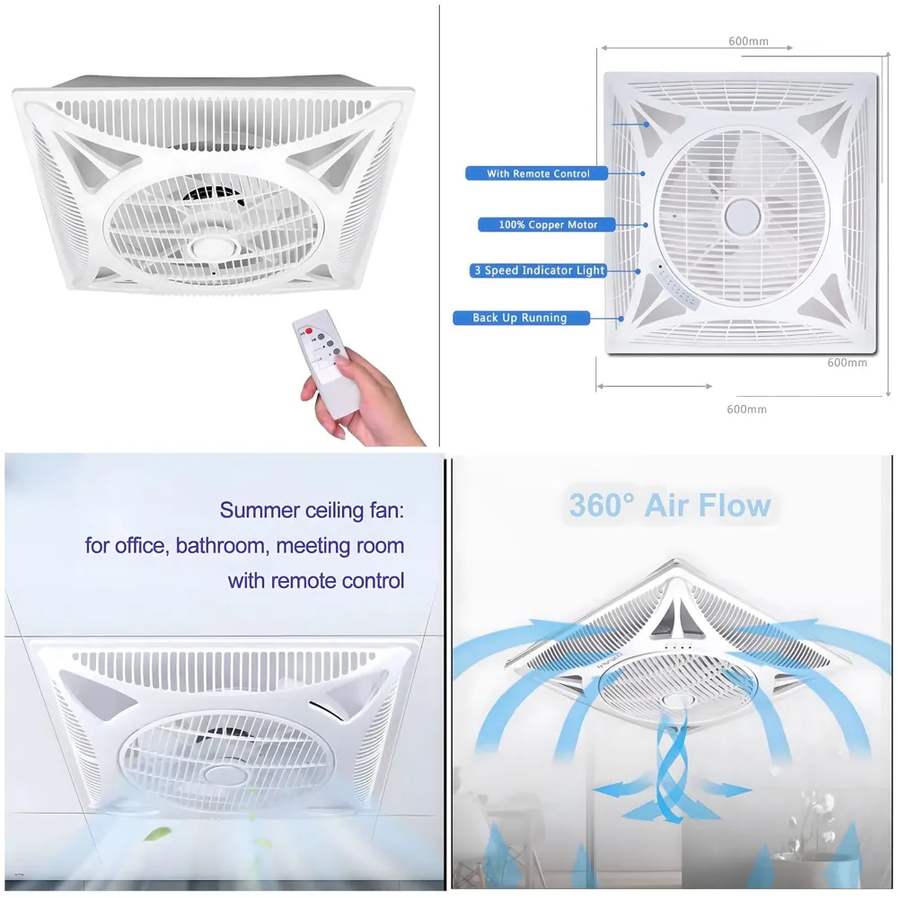 Cassette Flase Ceiling Fan Recessed Square Fan With Remote Control For Home And Commercial Use, 360° Air Flow - 600 x 600 mm - White - 2