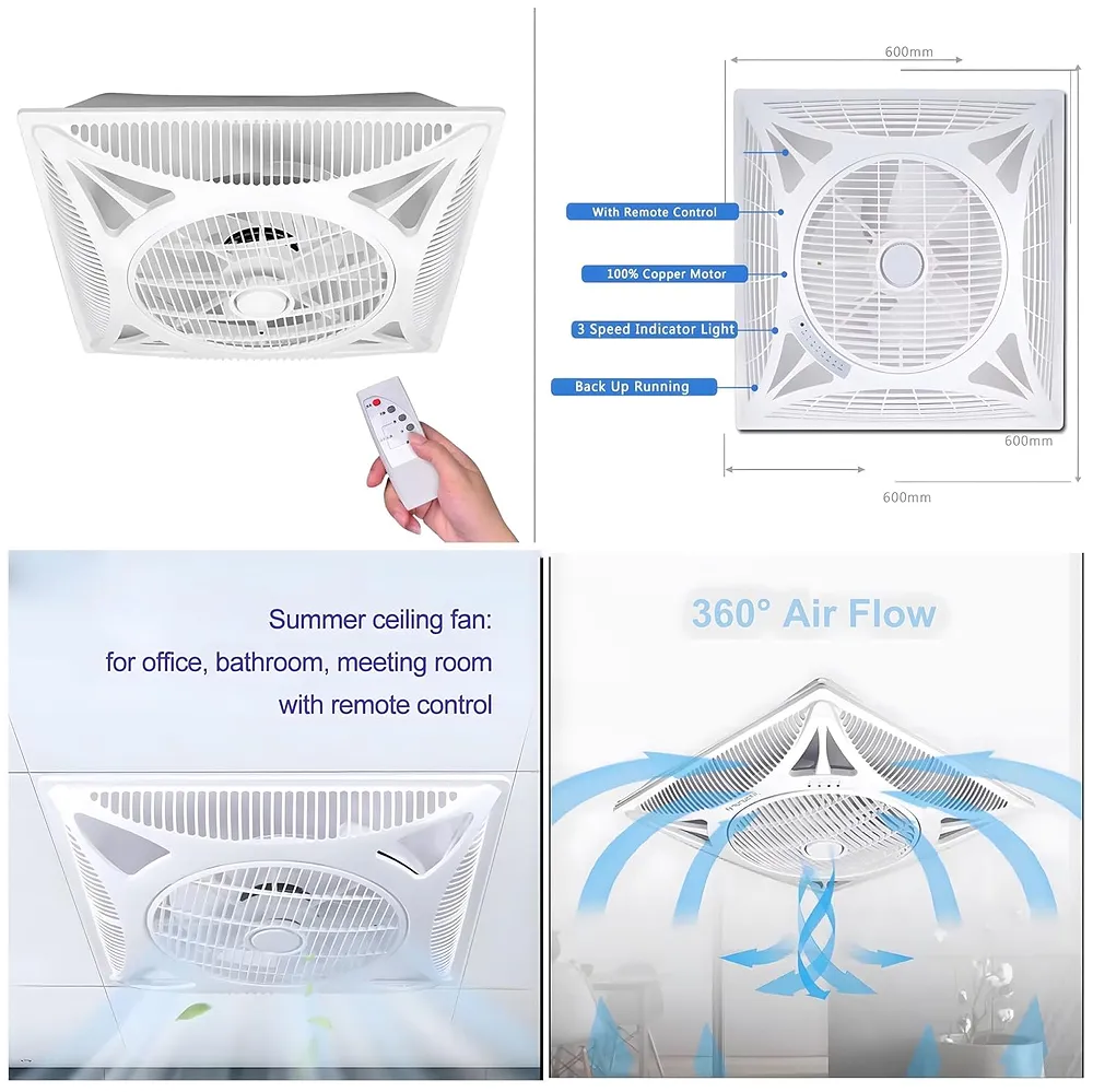 Cassette Flase Ceiling Fan Recessed Square Fan With Remote Control For Home And Commercial Use, 360° Air Flow - 600 x 600 mm - White