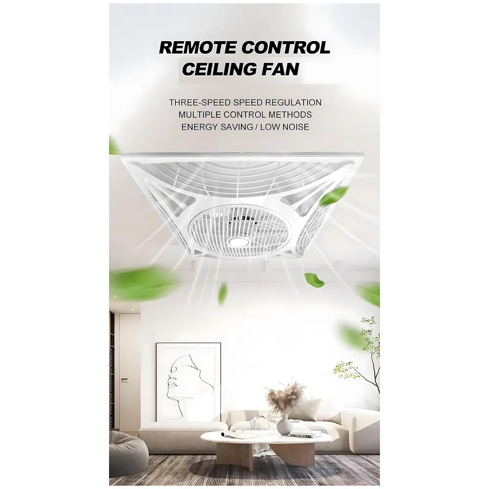Cassette Flase Ceiling Fan Recessed Square Fan With Remote Control For Home And Commercial Use, 360° Air Flow - 600 x 600 mm - White