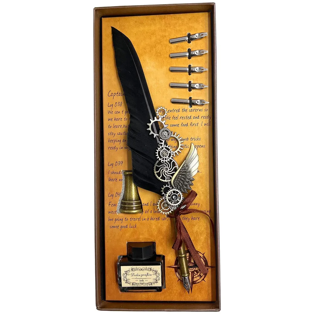 Feather Pen Set, Vintage Carving Glittering Quill Pen Set Antique Calligraphy set Writing Dip Pen with Black Ink, 5 Replacement Nibs, Pen Stand Base, Luxury Signature Pen.