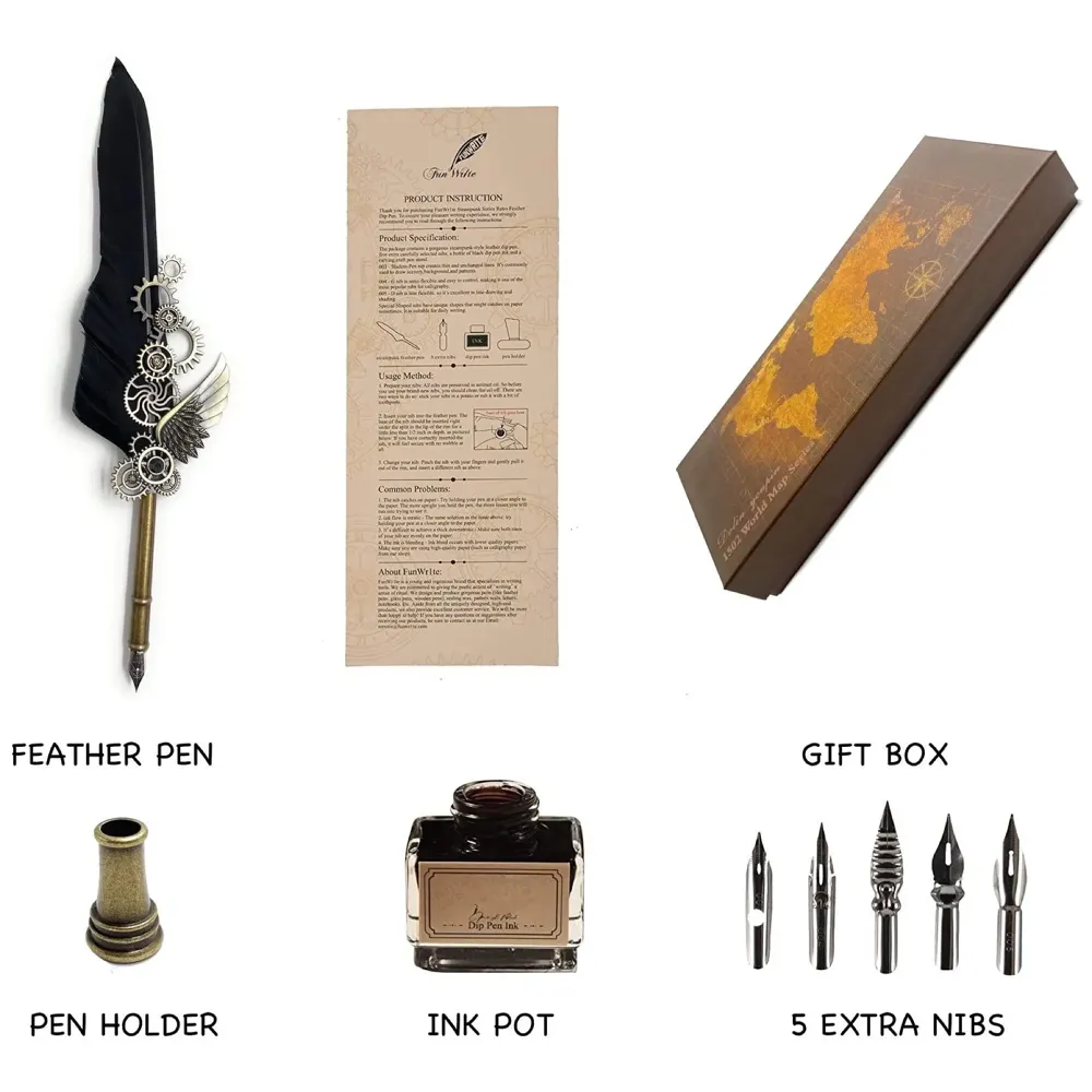 Feather Pen Set, Vintage Carving Glittering Quill Pen Set Antique Calligraphy set Writing Dip Pen with Black Ink, 5 Replacement Nibs, Pen Stand Base, Luxury Signature Pen. - 2