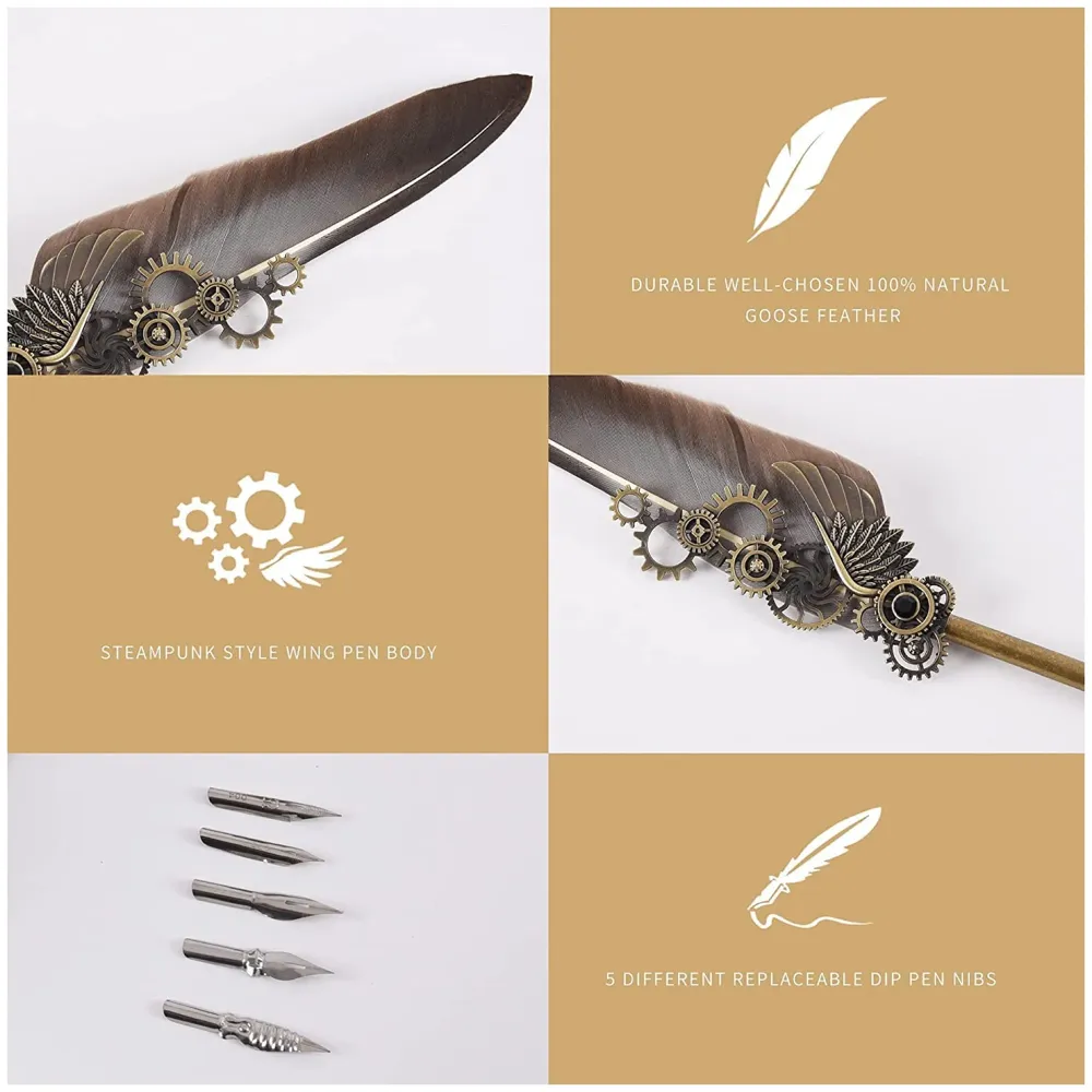 Feather Pen Set, Vintage Carving Glittering Quill Pen Set Antique Calligraphy set Writing Dip Pen with Black Ink, 5 Replacement Nibs, Pen Stand Base, Luxury Signature Pen. - 6