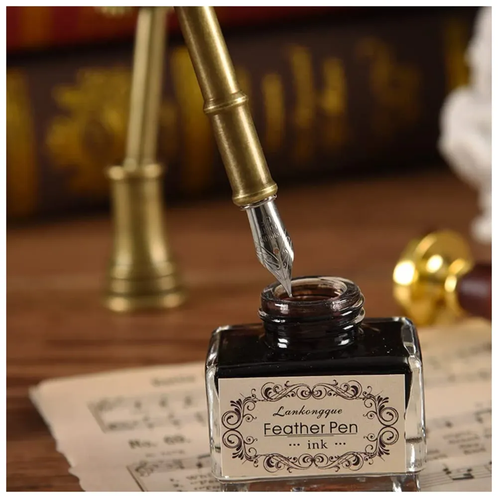 Feather Pen Set, Vintage Carving Glittering Quill Pen Set Antique Calligraphy set Writing Dip Pen with Black Ink, 5 Replacement Nibs, Pen Stand Base, Luxury Signature Pen. - 8