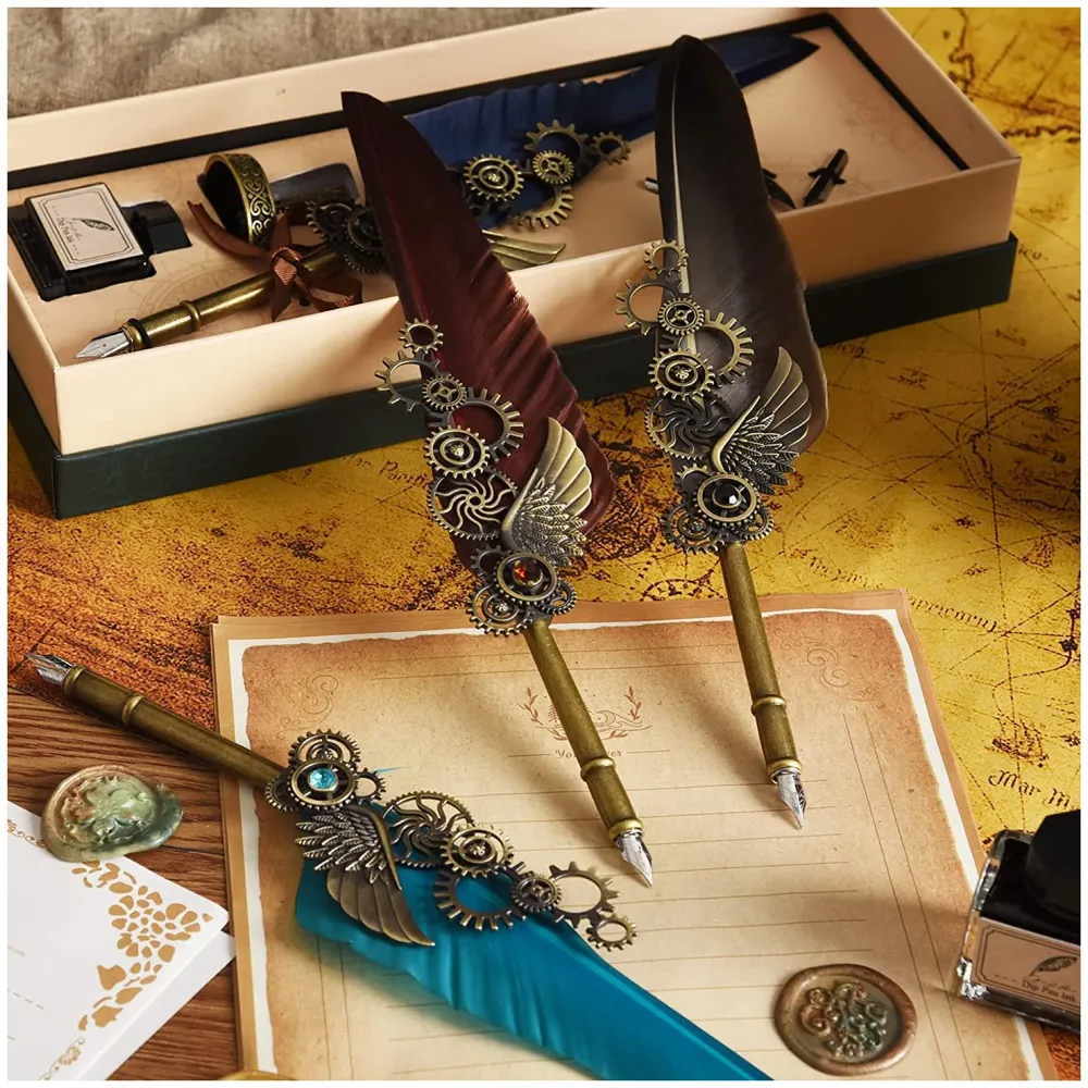 Feather Pen Set, Vintage Carving Glittering Quill Pen Set Antique Calligraphy set Writing Dip Pen with Black Ink, 5 Replacement Nibs, Pen Stand Base, Luxury Signature Pen. - 9