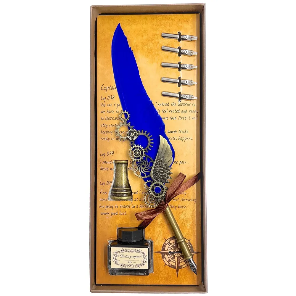 Blue Feather Pen Set, Vintage Carving Glittering Quill Pen Set Antique Calligraphy set Writing Dip Pen with Black Ink, 5 Replacement Nibs, Pen Stand Base, Luxury Signature Pen.