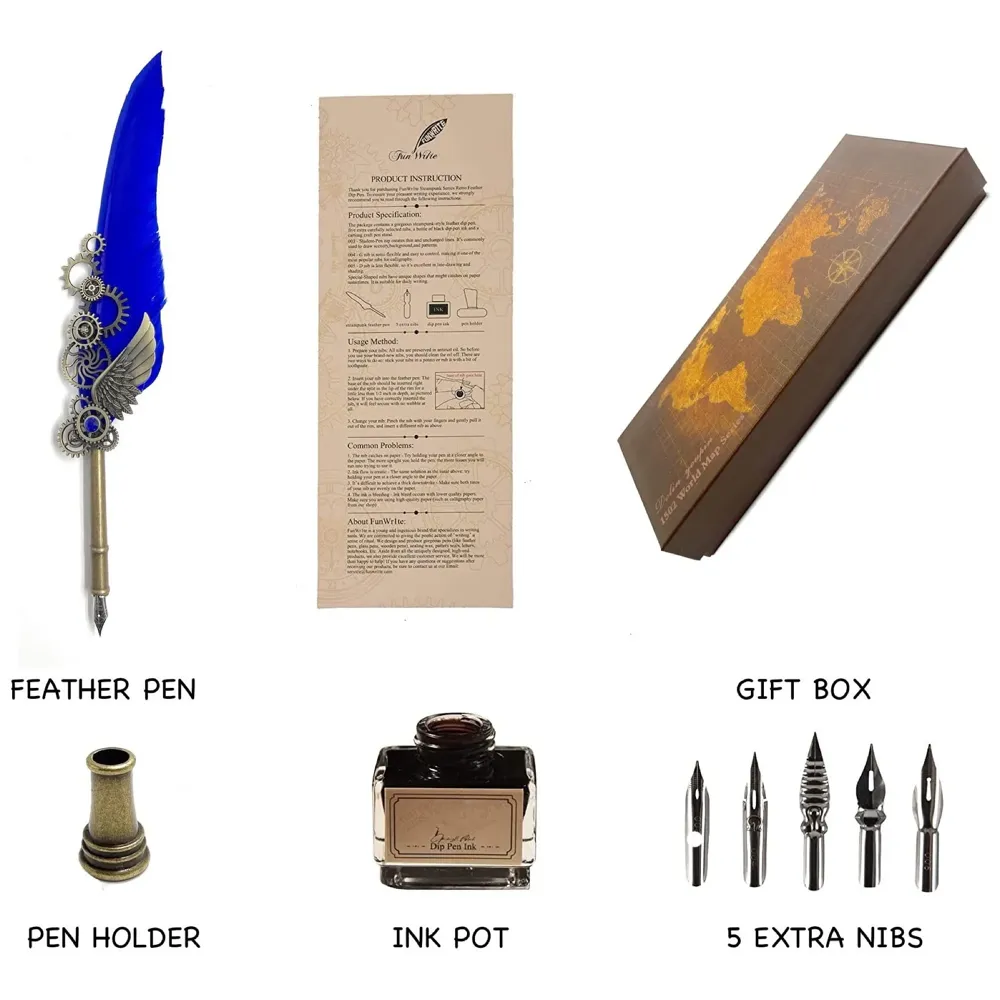 Blue Feather Pen Set, Vintage Carving Glittering Quill Pen Set Antique Calligraphy set Writing Dip Pen with Black Ink, 5 Replacement Nibs, Pen Stand Base, Luxury Signature Pen. - 2