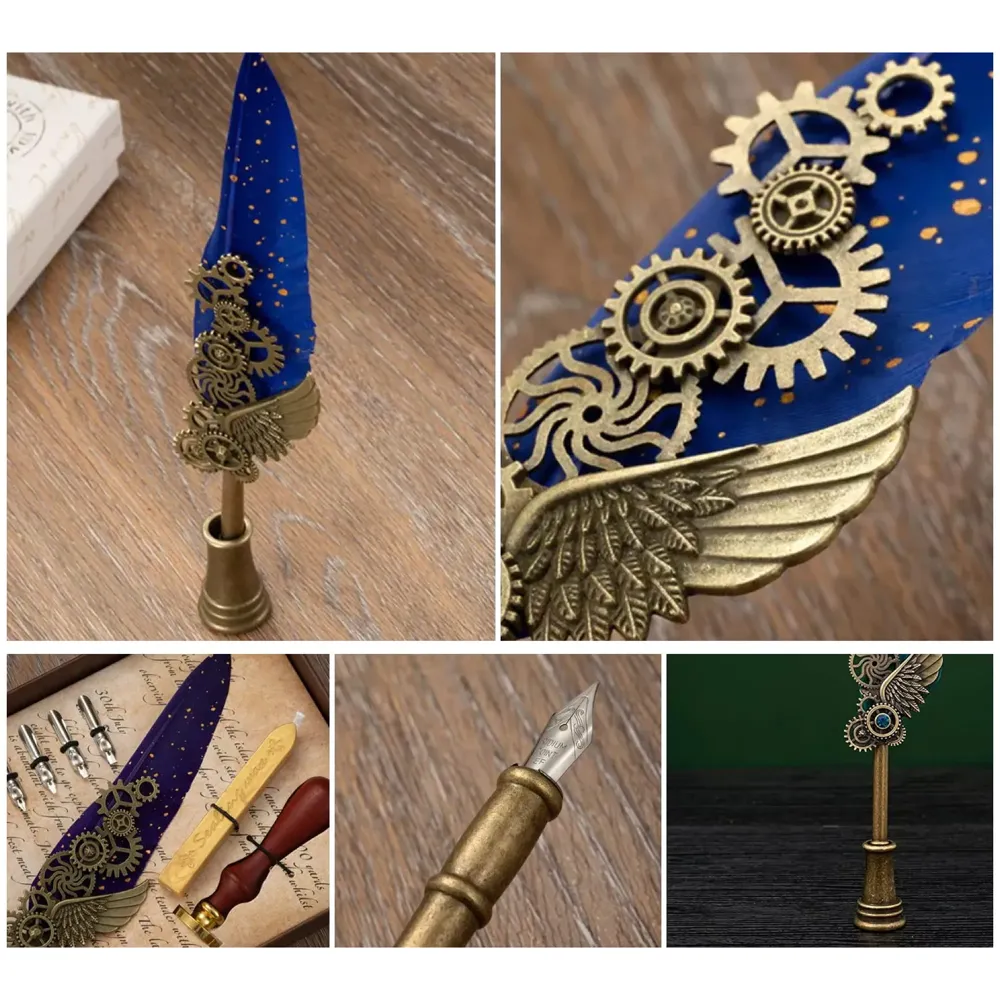 Blue Feather Pen Set, Vintage Carving Glittering Quill Pen Set Antique Calligraphy set Writing Dip Pen with Black Ink, 5 Replacement Nibs, Pen Stand Base, Luxury Signature Pen. - 4