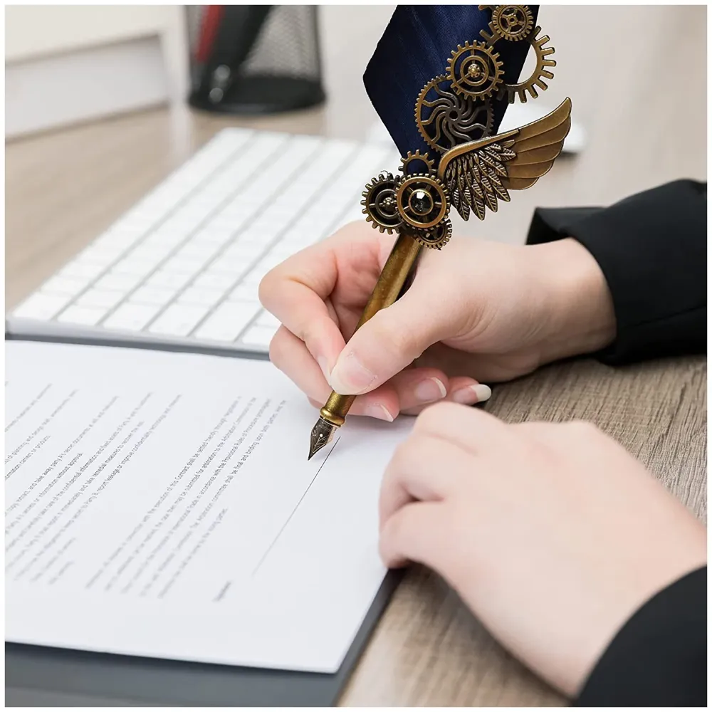 Blue Feather Pen Set, Vintage Carving Glittering Quill Pen Set Antique Calligraphy set Writing Dip Pen with Black Ink, 5 Replacement Nibs, Pen Stand Base, Luxury Signature Pen. - 7