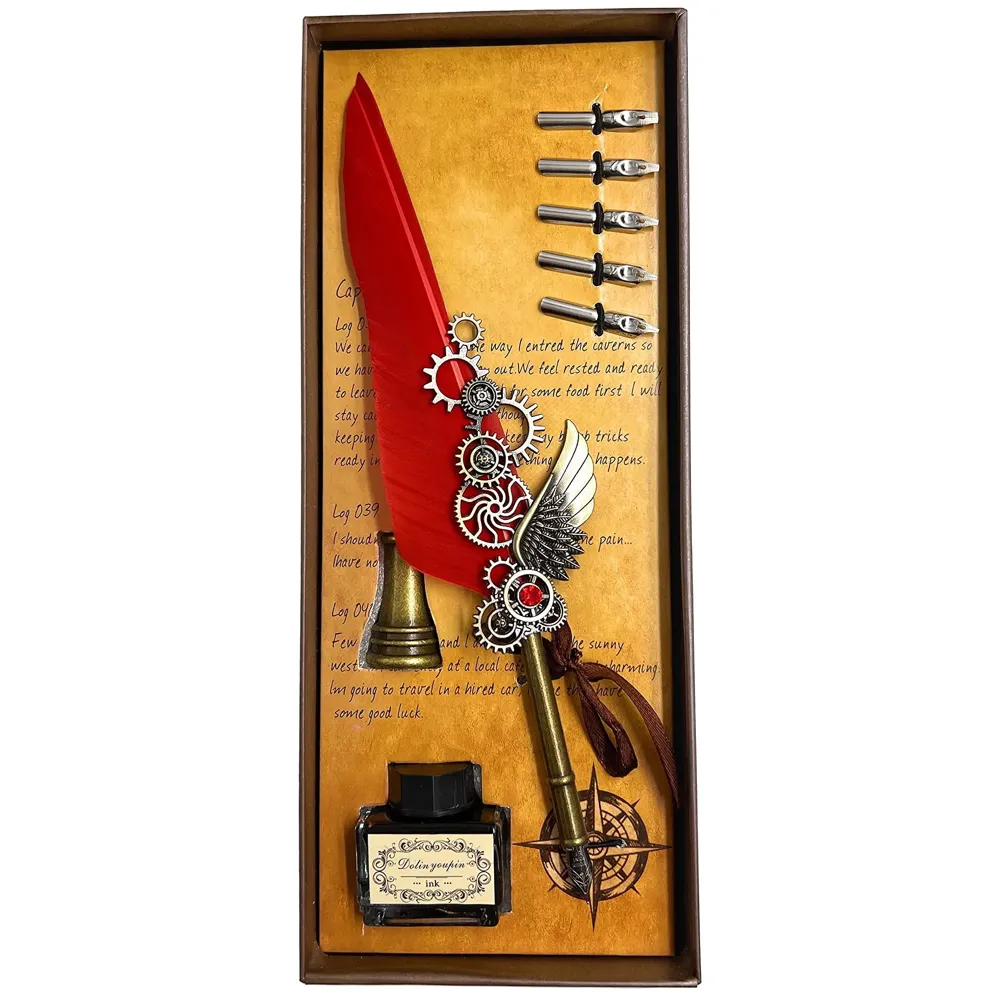 Red Feather Pen Set Vintage Carving Glittering Quill Pen Set Antique Calligraphy set with Black Ink, 5 Replacement Nibs, Pen Stand Base, Luxury Signature Pen.