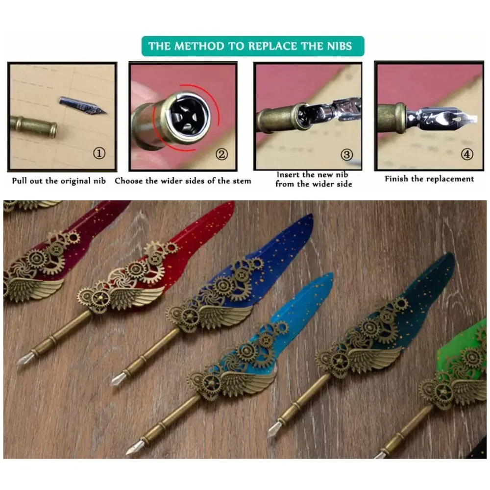 Red Feather Pen Set Vintage Carving Glittering Quill Pen Set Antique Calligraphy set with Black Ink, 5 Replacement Nibs, Pen Stand Base, Luxury Signature Pen. - 4