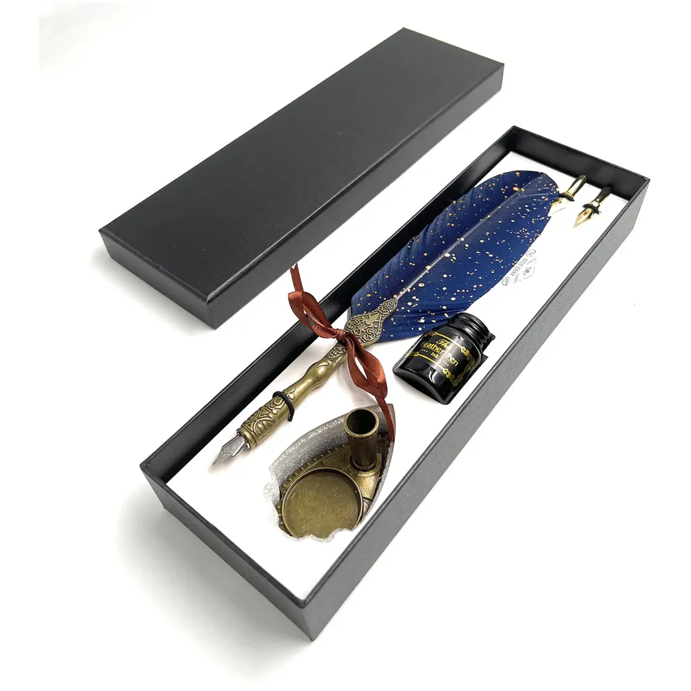 Blue Glitter Feather Pen Set, Vintage Carving Glittering Quill Pen Set Antique Calligraphy set Writing Dip Pen with Black Ink, 2 Replacement Nibs, Pen Stand Base, Luxury Signature Pen.