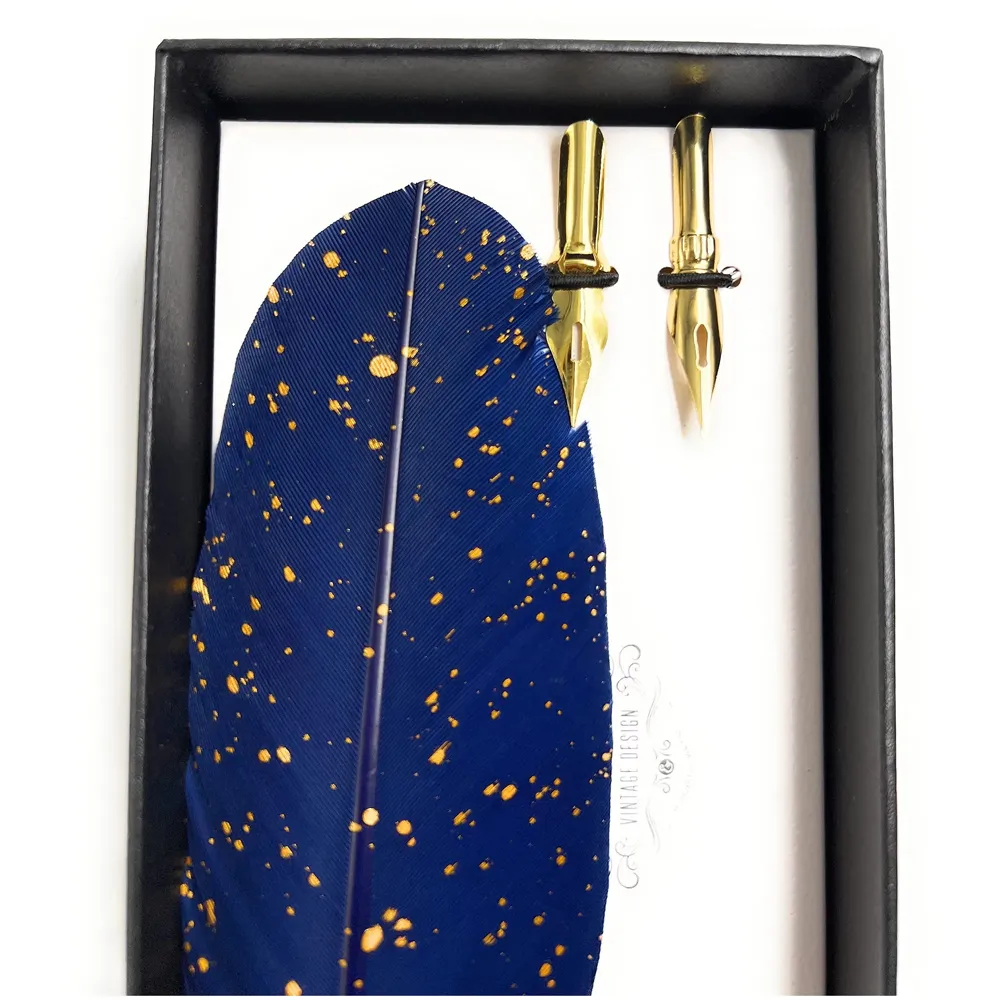 Blue Glitter Feather Pen Set, Vintage Carving Glittering Quill Pen Set Antique Calligraphy set Writing Dip Pen with Black Ink, 2 Replacement Nibs, Pen Stand Base, Luxury Signature Pen. - 5
