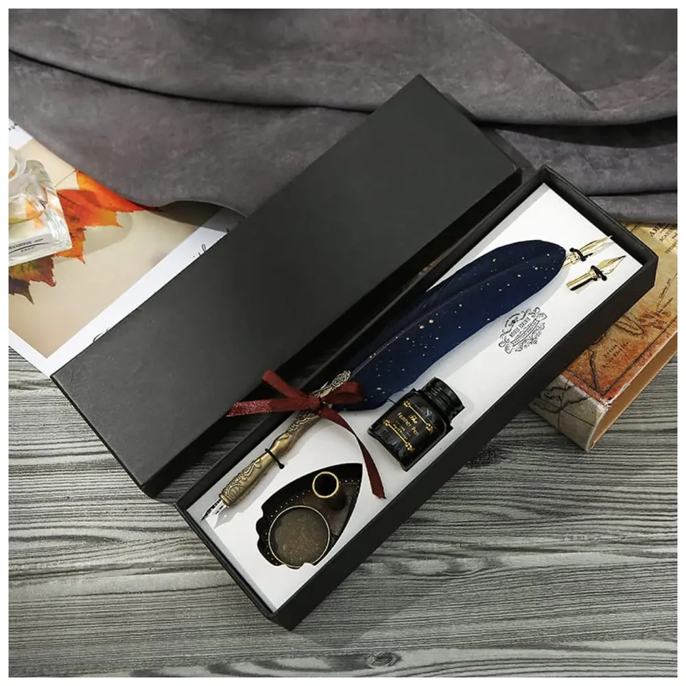 Blue Glitter Feather Pen Set, Vintage Carving Glittering Quill Pen Set Antique Calligraphy set Writing Dip Pen with Black Ink, 2 Replacement Nibs, Pen Stand Base, Luxury Signature Pen. - 6