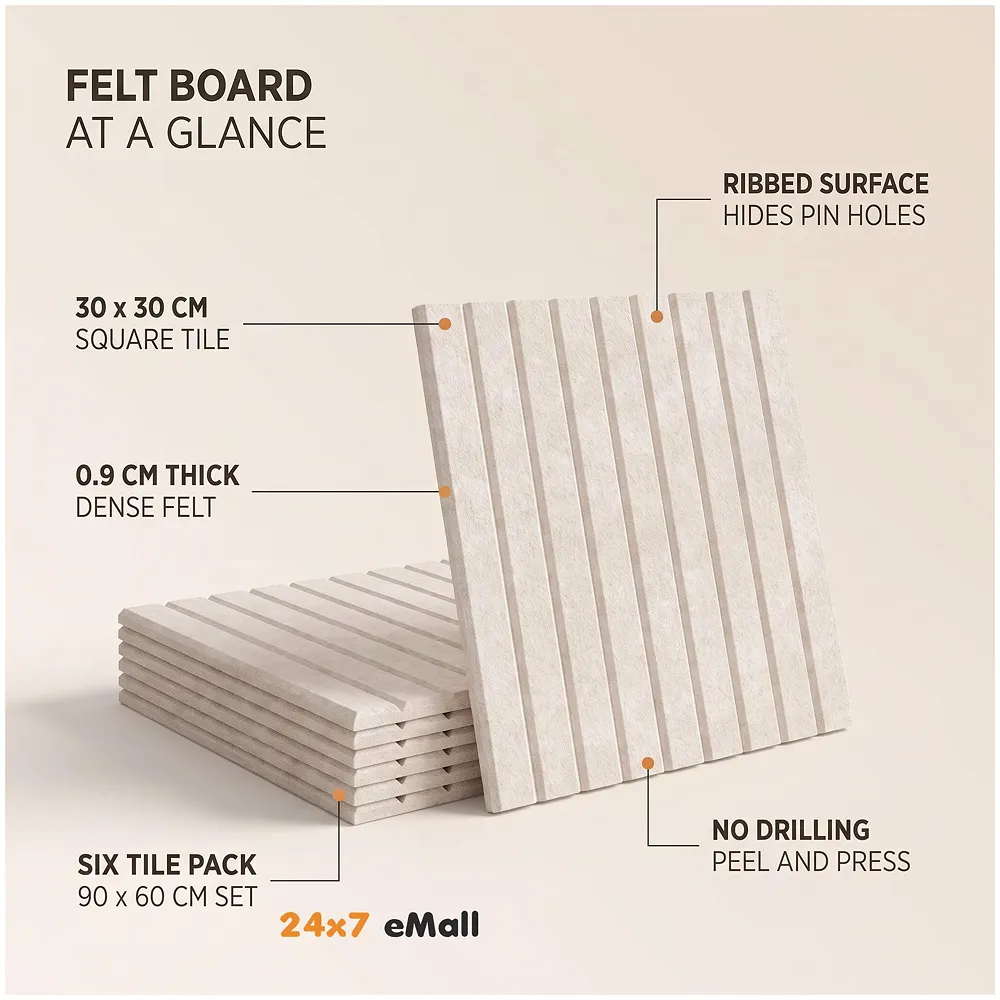 High-Density Felt Bulletin Board with Pins | Set of 6 | Each 30x30cm | Self-Adhesive Peel & Stick | No-Drill Damage-Free | Horizontal & Vertical | Office & Home, Beige