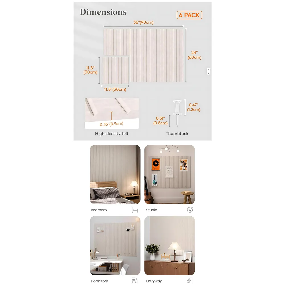 High-Density Felt Bulletin Board with Pins | Set of 6 | Each 30x30cm | Self-Adhesive Peel & Stick | No-Drill Damage-Free | Horizontal & Vertical | Office & Home, Beige