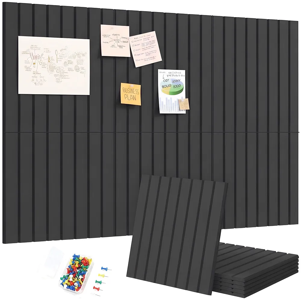 High-Density Felt Bulletin Board with Pins | Set of 6 | Each 30x30cm | Self-Adhesive Peel & Stick | No-Drill Damage-Free | Horizontal & Vertical | Office & Home, Black