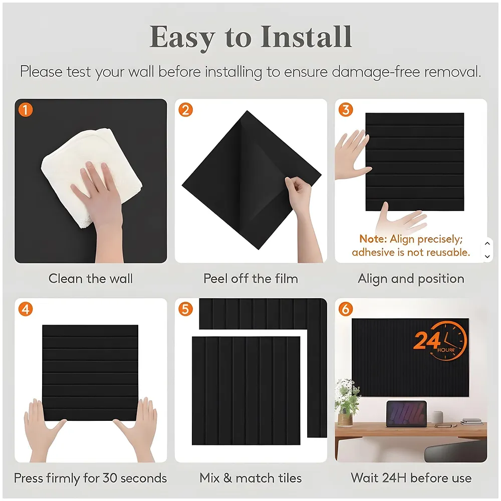 High-Density Felt Bulletin Board with Pins | Set of 6 | Each 30x30cm | Self-Adhesive Peel & Stick | No-Drill Damage-Free | Horizontal & Vertical | Office & Home, Black