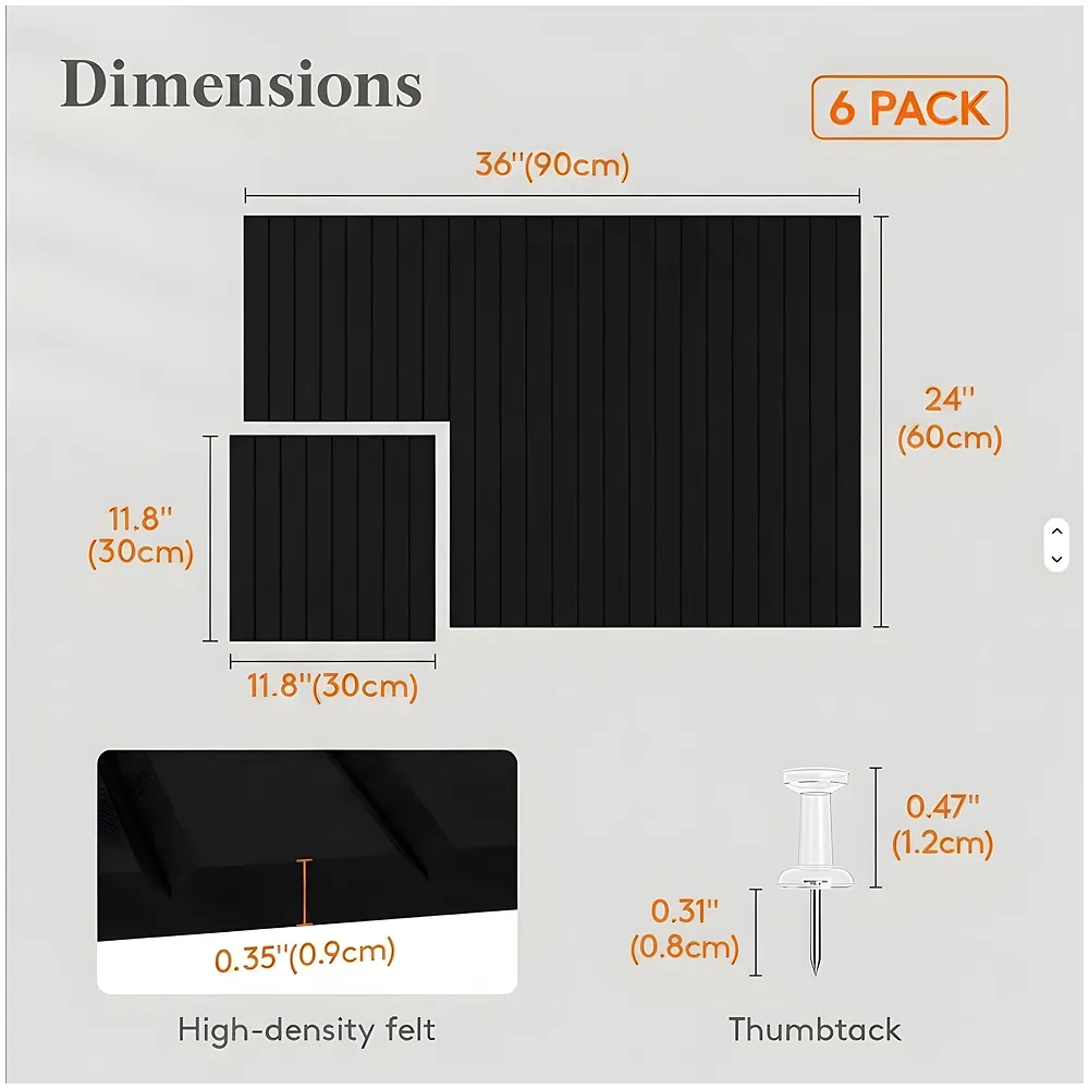 High-Density Felt Bulletin Board with Pins | Set of 6 | Each 30x30cm | Self-Adhesive Peel & Stick | No-Drill Damage-Free | Horizontal & Vertical | Office & Home, Black