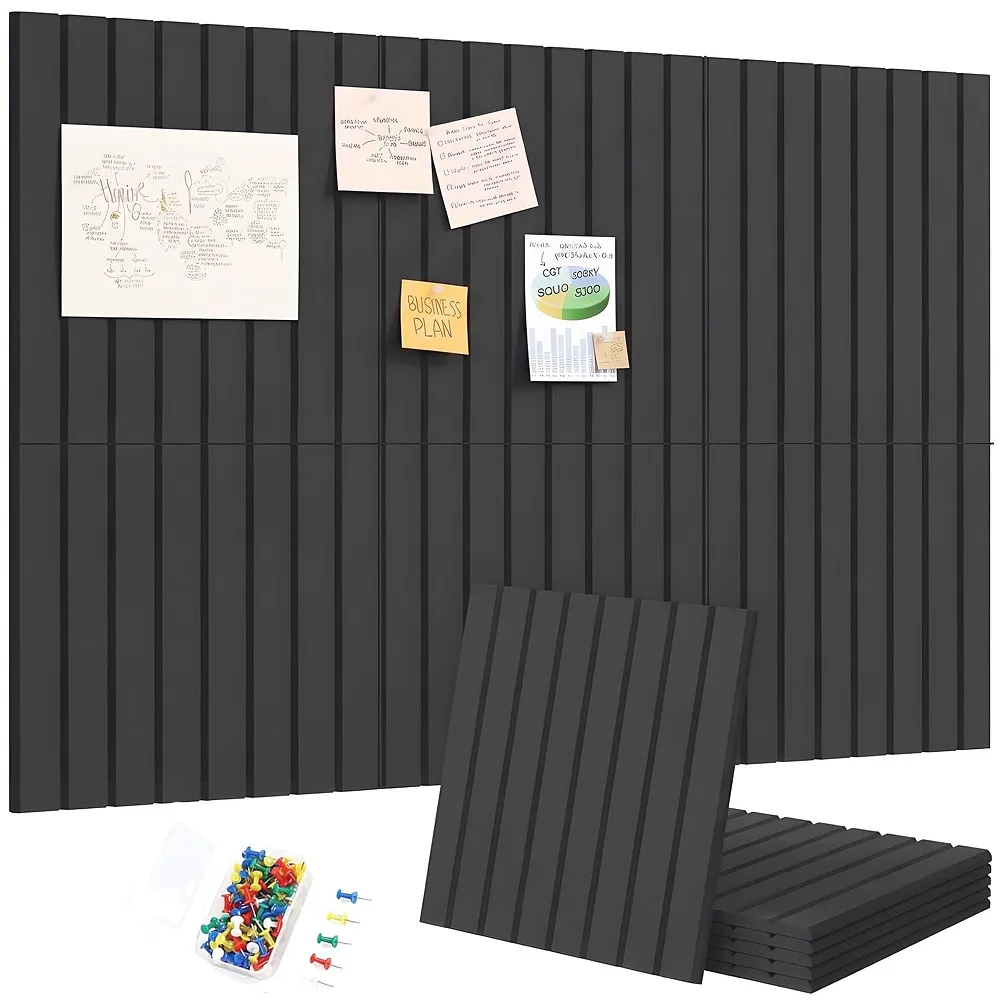 High-Density Felt Bulletin Board with Pins | Set of 6 | Each 30x30cm | Self-Adhesive Peel & Stick | No-Drill Damage-Free | Horizontal & Vertical | Office & Home, Black