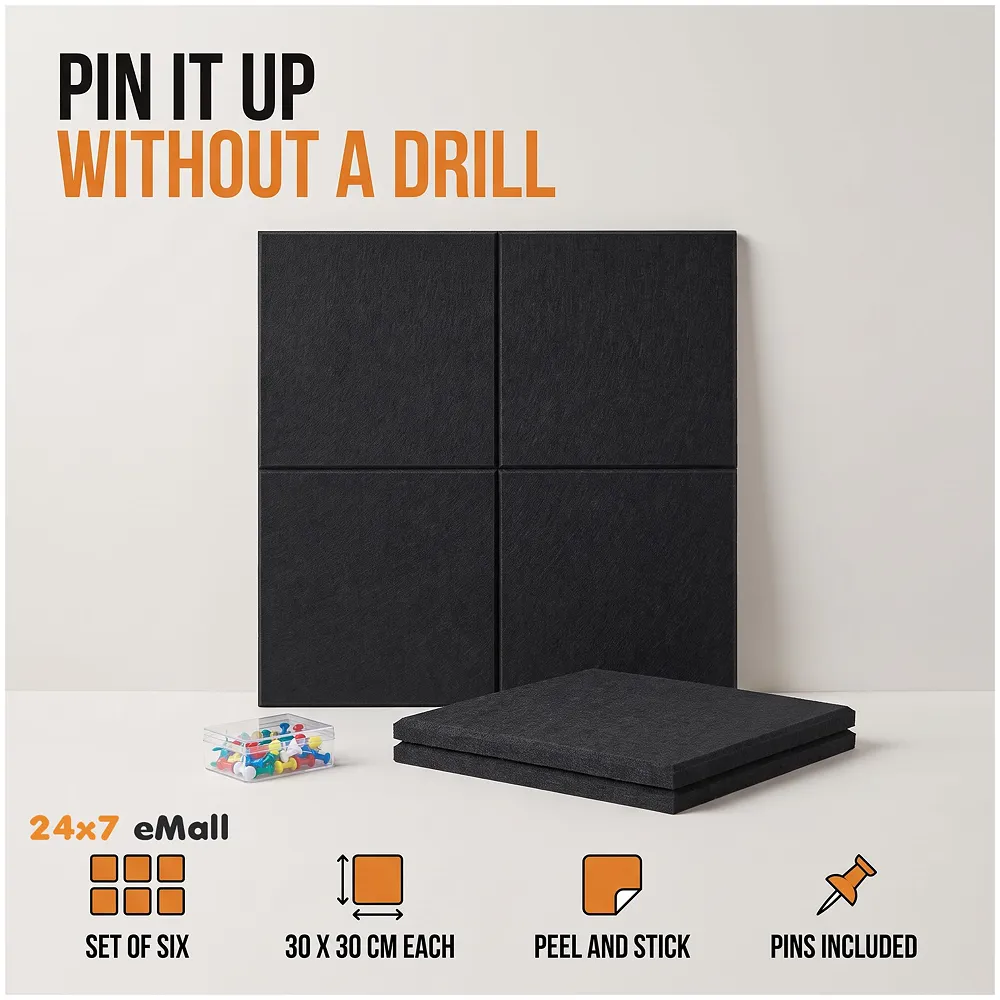 High-Density Felt Bulletin Board with Pins | Set of 6 | Each 30x30cm | Self-Adhesive Peel & Stick | No-Drill Damage-Free | Horizontal & Vertical | Office & Home, Black