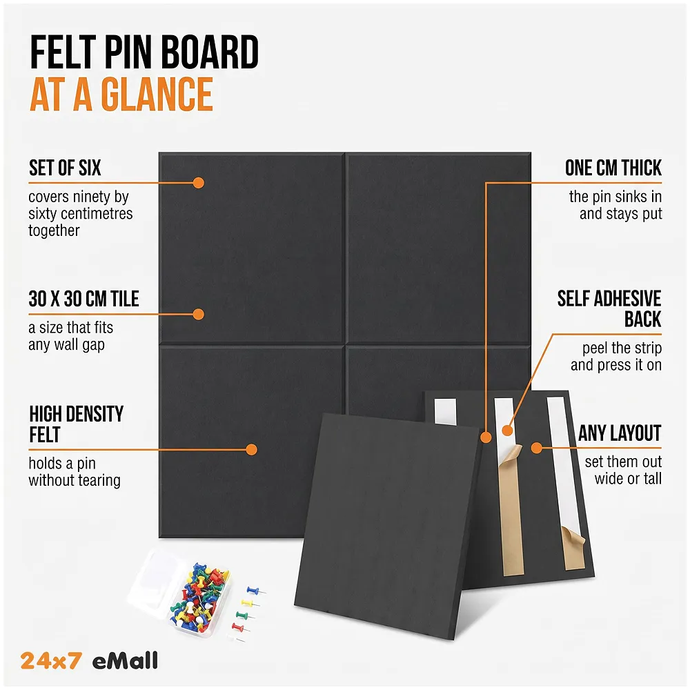 High-Density Felt Bulletin Board with Pins | Set of 6 | Each 30x30cm | Self-Adhesive Peel & Stick | No-Drill Damage-Free | Horizontal & Vertical | Office & Home, Black