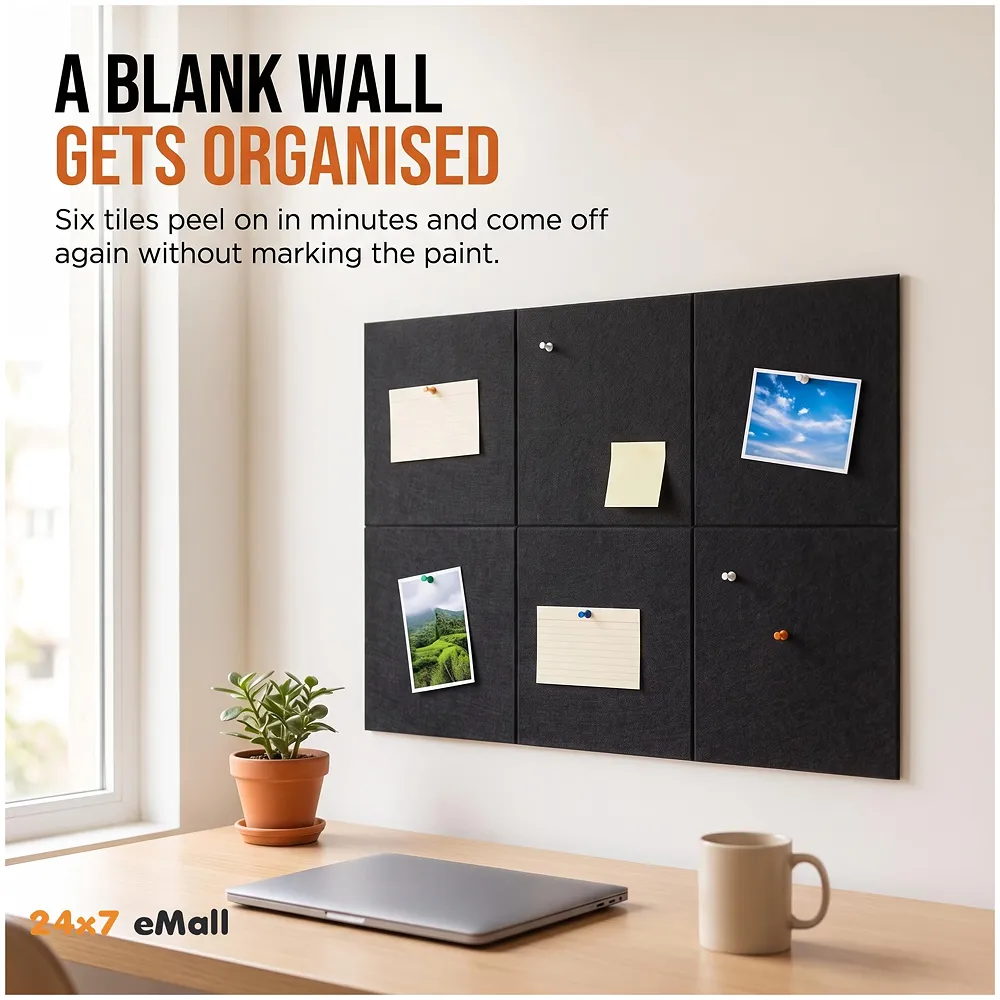 High-Density Felt Bulletin Board with Pins | Set of 6 | Each 30x30cm | Self-Adhesive Peel & Stick | No-Drill Damage-Free | Horizontal & Vertical | Office & Home, Black