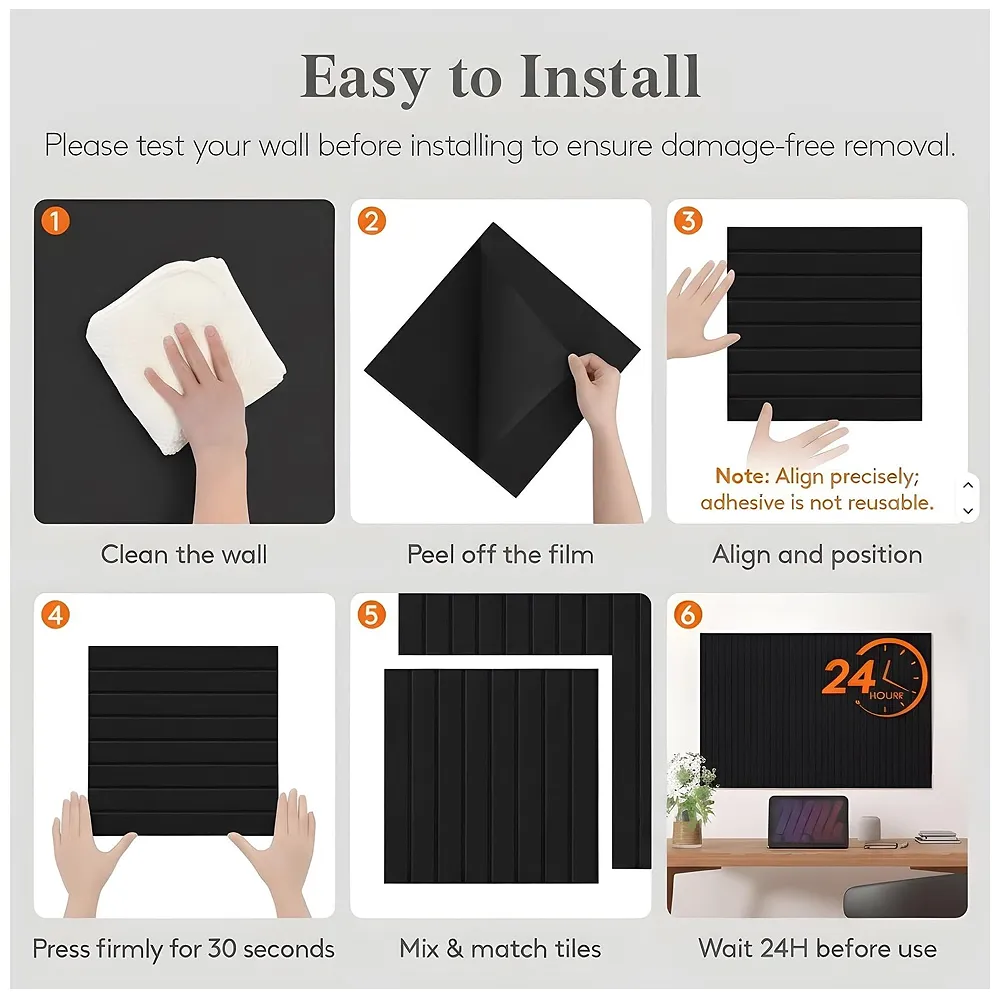 High-Density Felt Bulletin Board with Pins | Set of 6 | Each 30x30cm | Self-Adhesive Peel & Stick | No-Drill Damage-Free | Horizontal & Vertical | Office & Home, Black
