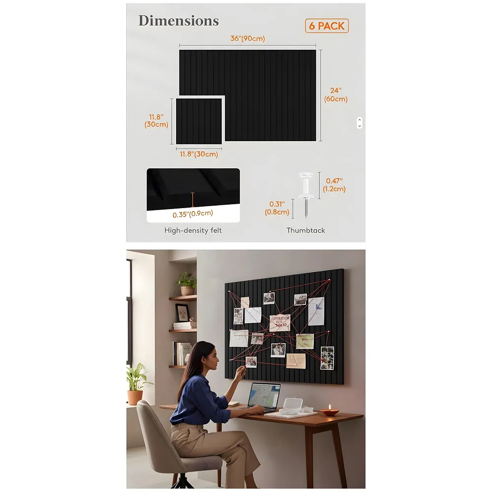 High-Density Felt Bulletin Board with Pins | Set of 6 | Each 30x30cm | Self-Adhesive Peel & Stick | No-Drill Damage-Free | Horizontal & Vertical | Office & Home, Black