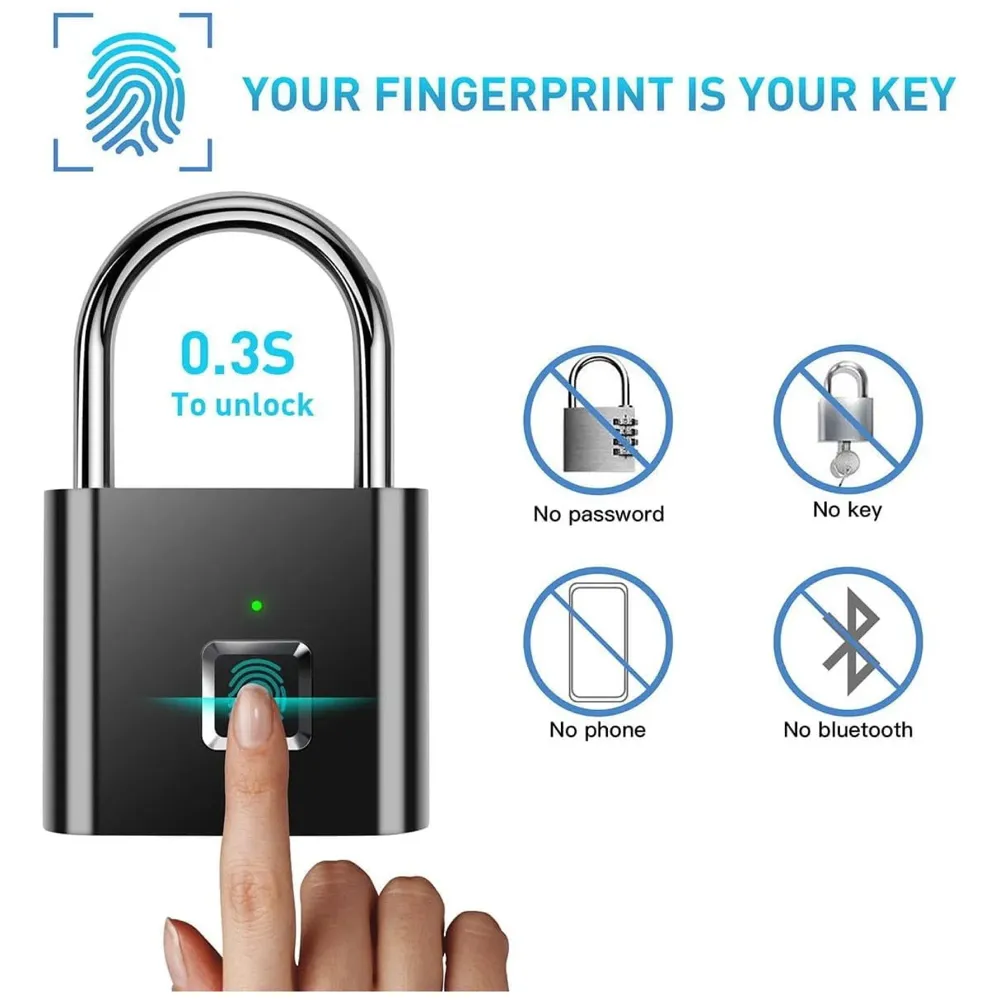 Finger Print Lock Pad Lock 10 Fingers Ultra-Light One Touch Open Fingerprint Lock with USB Charging for Gym, Sports, School Employee Locker, Fence, Suitcase, Bike Biometric Lock