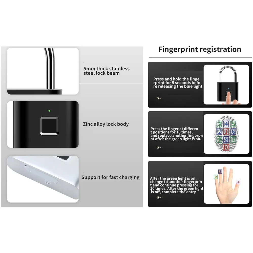 Finger Print Lock Pad Lock 10 Fingers Ultra-Light One Touch Open Fingerprint Lock with USB Charging for Gym, Sports, School Employee Locker, Fence, Suitcase, Bike Biometric Lock