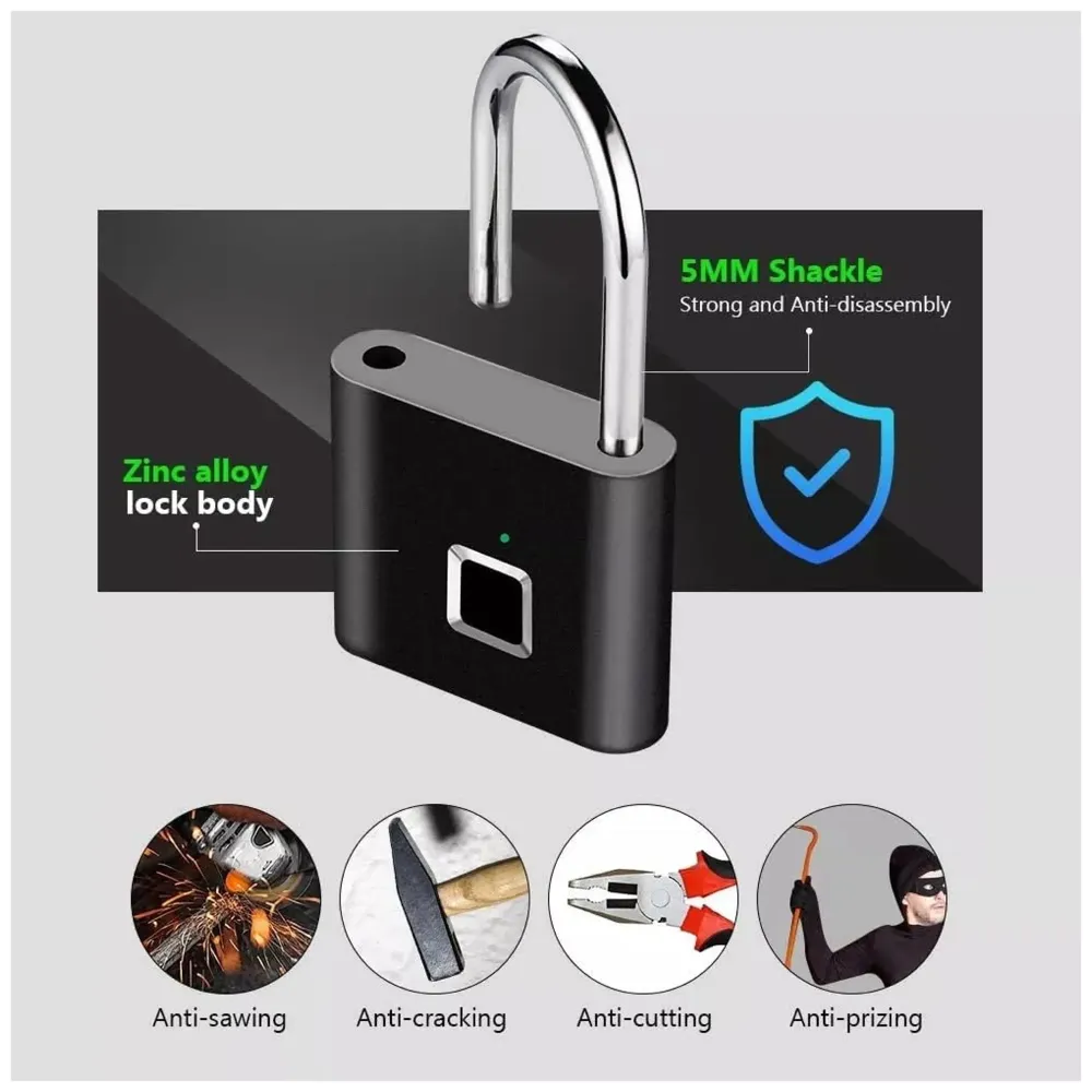 Finger Print Lock Pad Lock 10 Fingers Ultra-Light One Touch Open Fingerprint Lock with USB Charging for Gym, Sports, School Employee Locker, Fence, Suitcase, Bike Biometric Lock