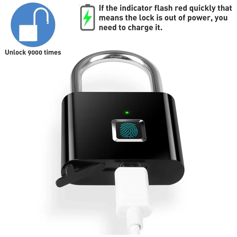 Finger Print Lock Pad Lock 10 Fingers Ultra-Light One Touch Open Fingerprint Lock with USB Charging for Gym, Sports, School Employee Locker, Fence, Suitcase, Bike Biometric Lock
