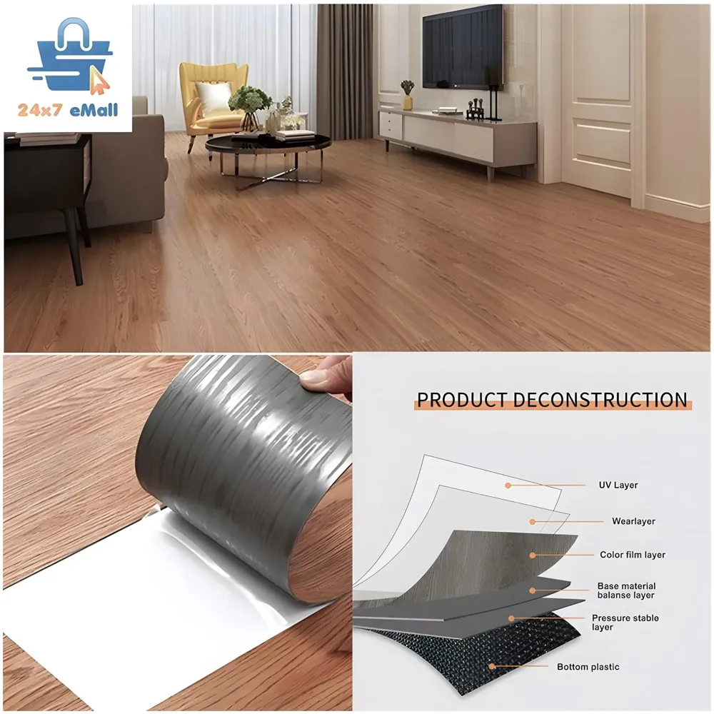 Brown Teak PVC Wood Floor Planks Flooring Tiles Self Adhesive Peel & Stick Wooden Design 18 Planks 27 Square feet PVC Teak Wood Colour