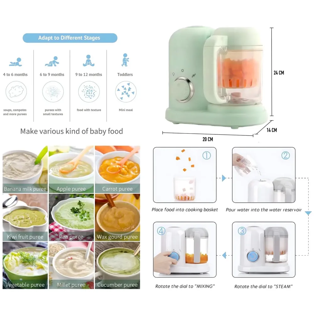 4-in-1 Baby Food Maker Baby Food Processor Food Cooker, Blender, Steamer and Defroster Baby Meal Essentials Make Healthy Fresh Baby Food at Home.