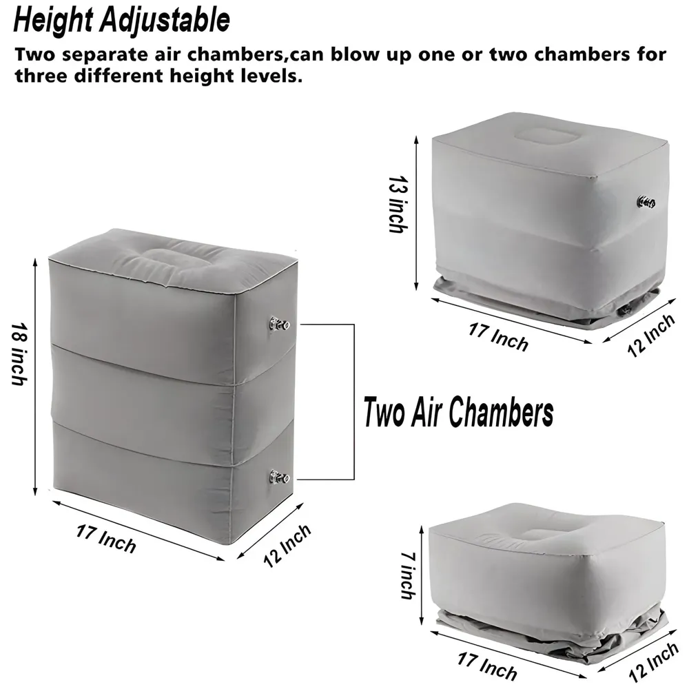 Travel Foot Rest Pillow, Adjustable Height, 46 x 43 x 30 cm, Inflatable Leg Rest with Carry Bag and Pump for Flight, Car