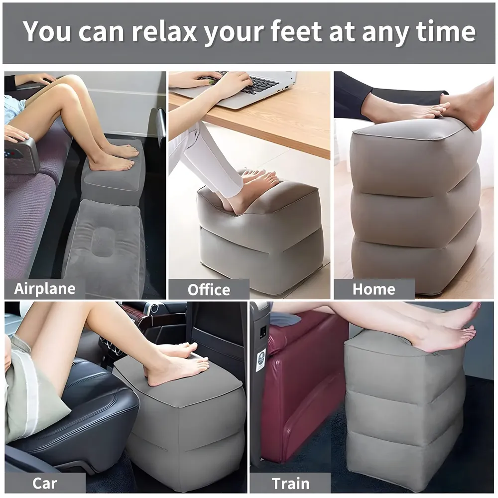 Travel Foot Rest Pillow, Adjustable Height, 46 x 43 x 30 cm, Inflatable Leg Rest with Carry Bag and Pump for Flight, Car