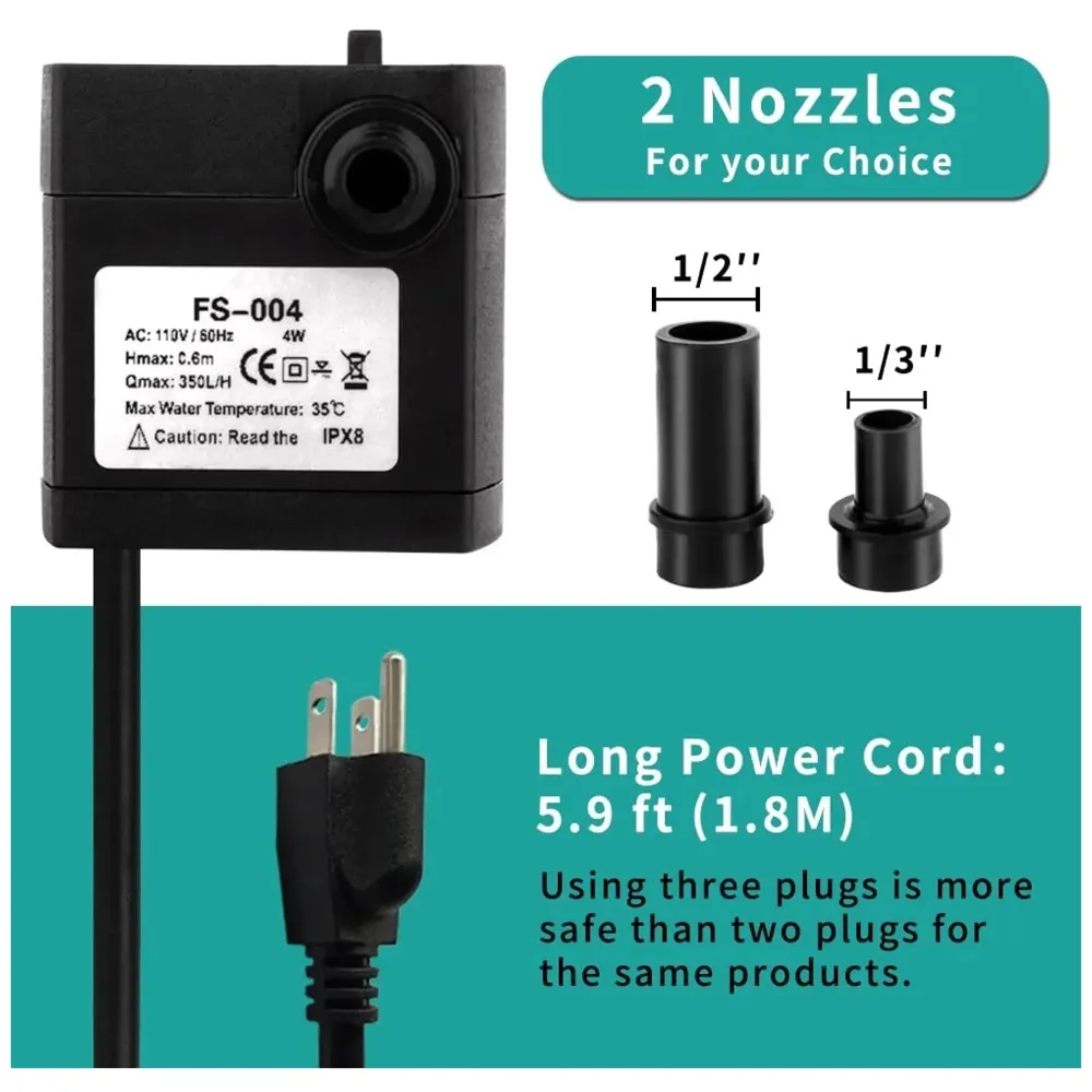 95GPH 4W Ultra Quiet Mini Submersible Pump for Aquariums, Fish Tank, Pond, Fountain Water Pump - 2