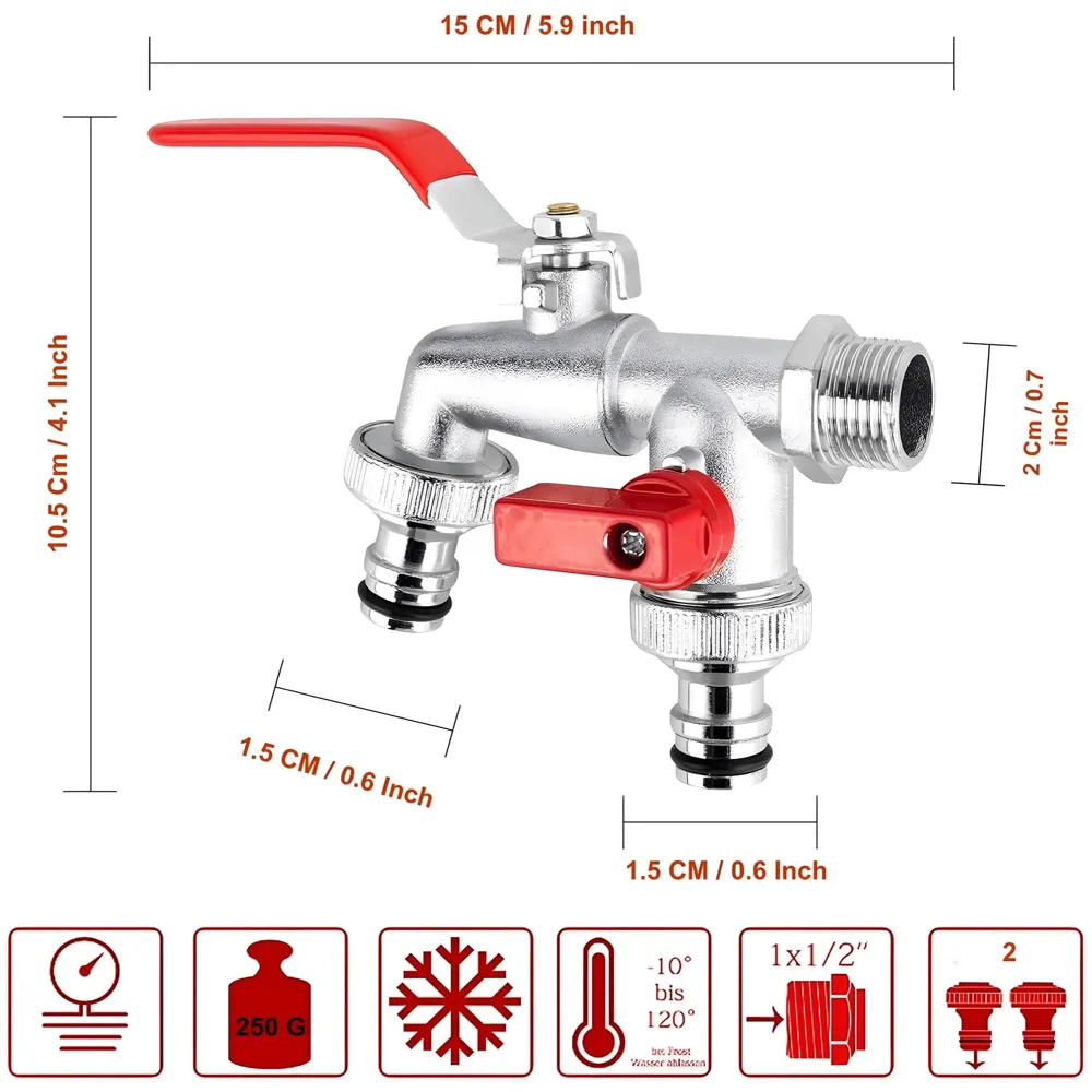 1/2 Inch Garden Tap 2 in 1 Splitter for Pipes Dual Double Tap Faucet for Gardens, Washing Machines,10.5 Inch Bibcock