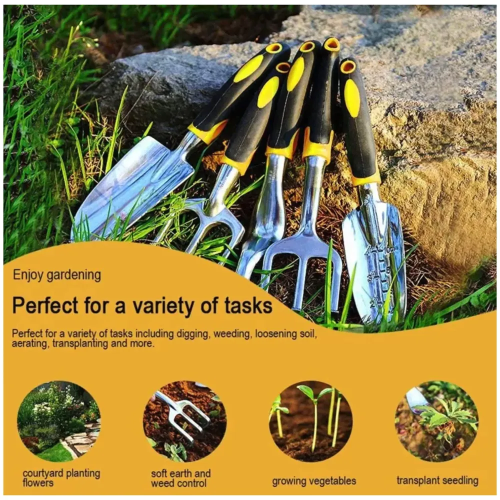 5 Pcs Gardening Tools for Garden Home Patio, Heavy Duty Aluminium Tools Set with Gardening Transplanting Spade, Cultivator, Weeder, Trowel and Weeding Fork, Durable Gardening Accessories - 7